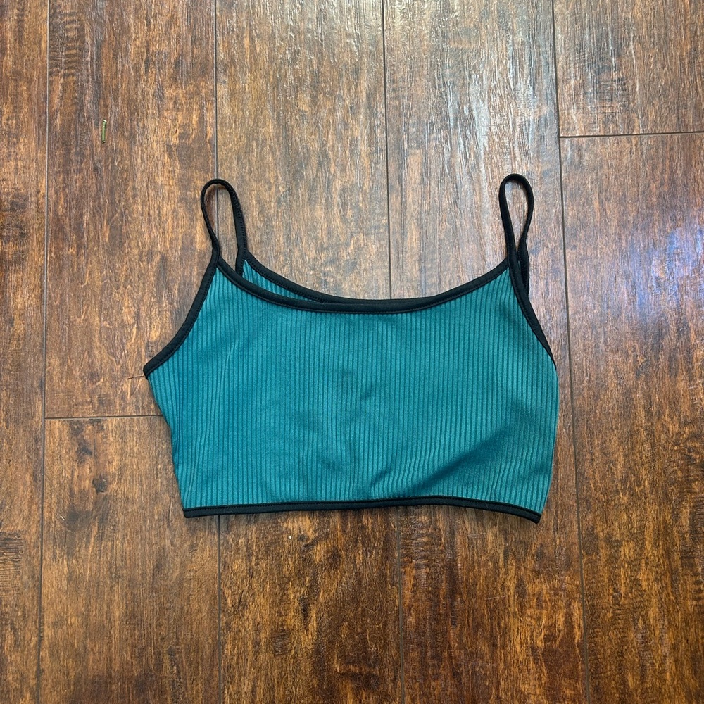 Teal Ribbed Crop Top with Black Trim
